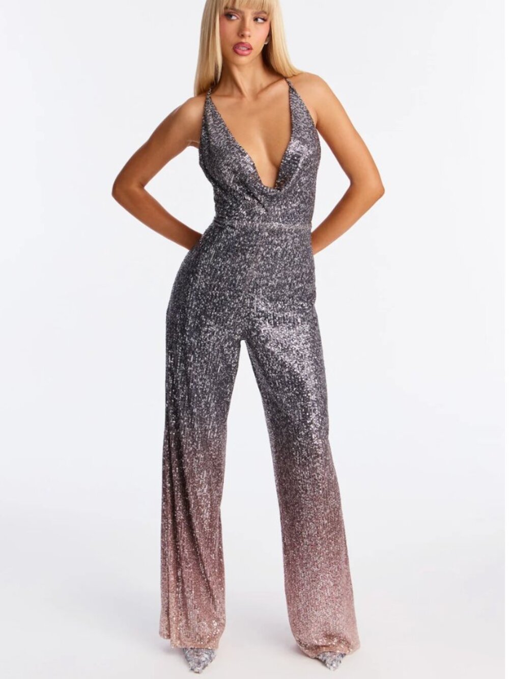 Fashion Nova Ombre Disco Sequin Jumpsuit Gold Silver Size Small